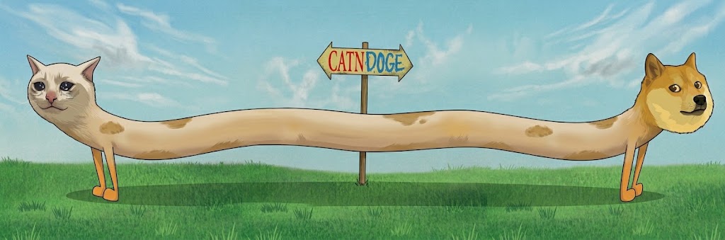 CATnDOGE character: a Crying Cat head on one end, a Doge head on the other, joined by one very long body under a CATnDOGE signpost